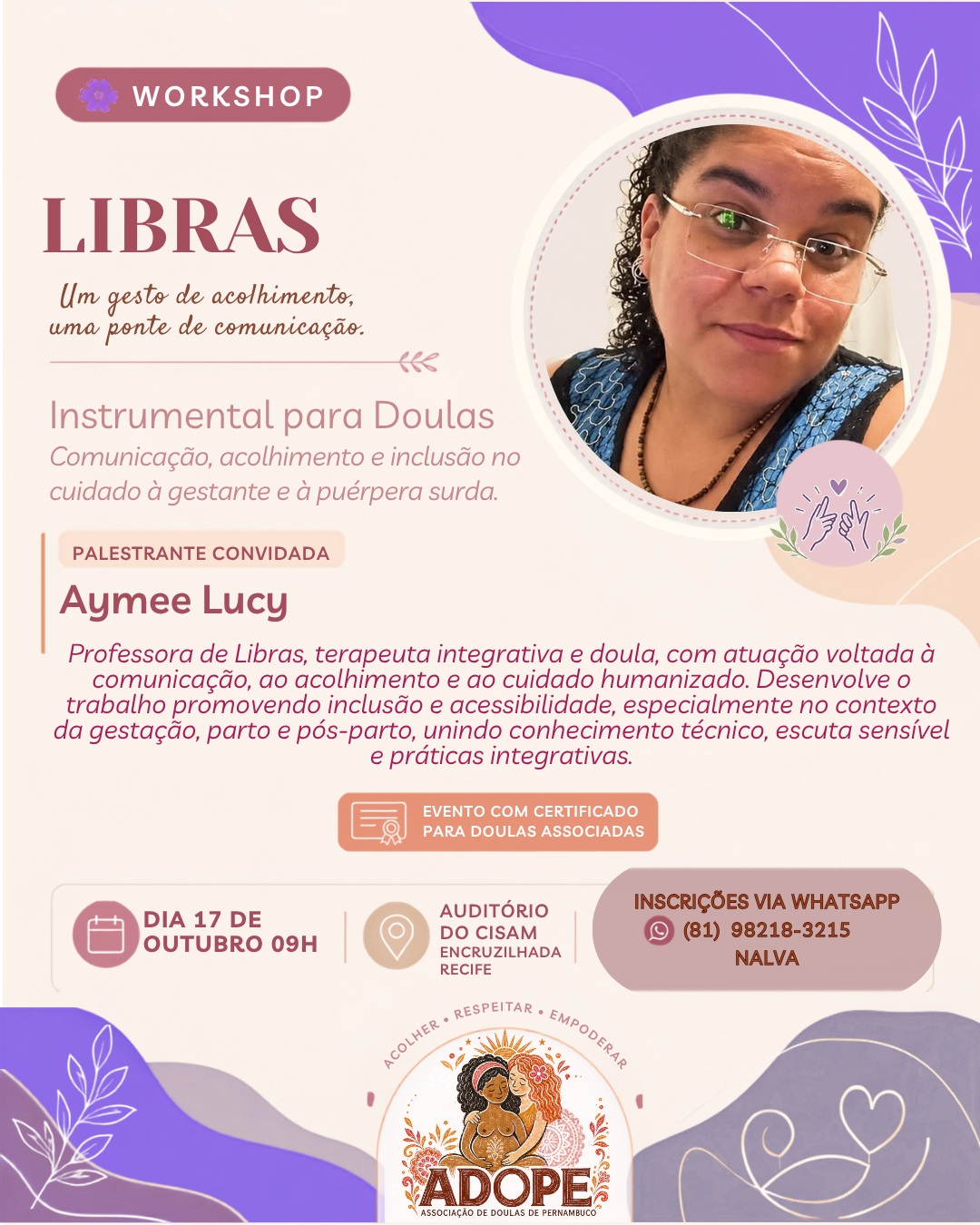 Arte do workshop de Libras para doulas da ADOPE, com fotografia da palestrante.